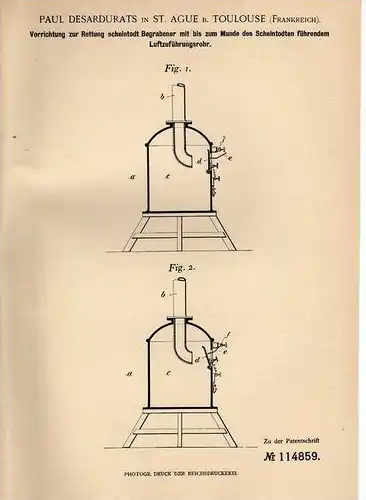 Original Patentschrift - P. Desardurats in St. Ague b. Toulouse , 1899 , Rettung v. Scheintoten , Tod , Friedhof , Grab