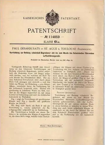 Original Patentschrift - P. Desardurats in St. Ague b. Toulouse , 1899 , Rettung v. Scheintoten , Tod , Friedhof , Grab