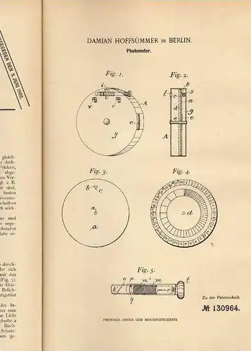 Original Patentschrift - Photometer , Photographie , 1899 , D. Hoffsümmer in Berlin !!!