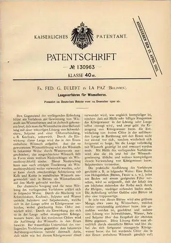 Original Patentschrift - Fa. Euler in La Paz , Bolivien , 1900 , Laugeverfahren für Wismutherze , Erz , Bodenschatz !!!