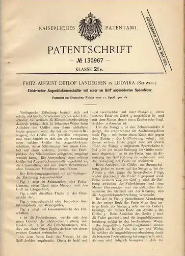 Original Patentschrift - F. Landegren in Ludvika , Schweden , 1901 ,elektr. Augenblickumschalter , Schalter , Elektrik !