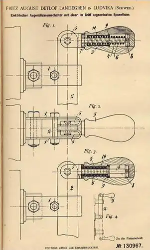Original Patentschrift - F. Landegren in Ludvika , Schweden , 1901 ,elektr. Augenblickumschalter , Schalter , Elektrik !