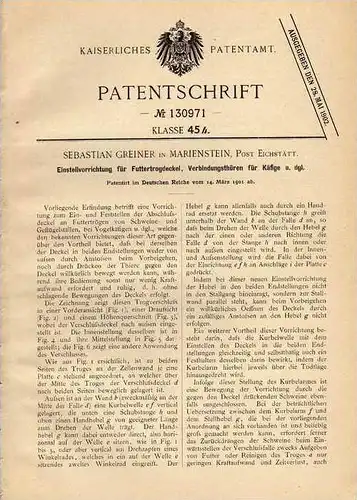 Original Patentschrift - S. Greiner in Marienstein b. Eichstätt , 1901 , Käfig für Tiere , Geflügel , Viehzucht !!!