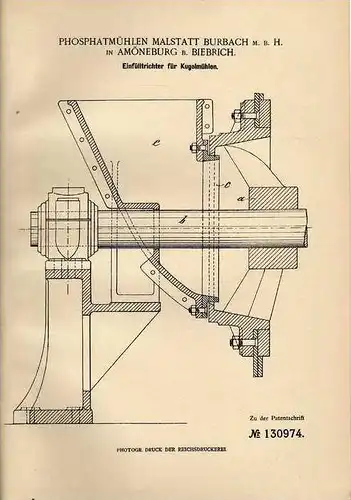 Original Patentschrift - Phosphatmühlen Burbach in Amöneburg b. Biebrich , 1901 , Trichter für Kugelmühlen , Mühle !!!