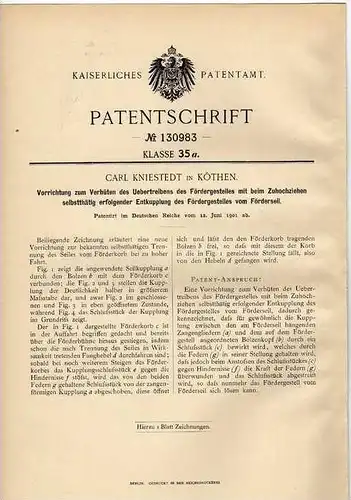 Original Patentschrift - C. Kniestedt in Köthen , 1901 , Seilwinde , Laufkatze , Förderseil !!!