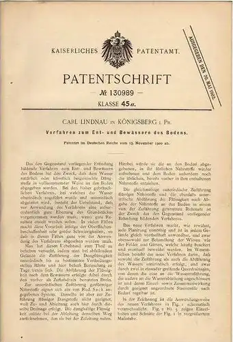 Original Patentschrift - C. Lindnau in Königsberg i. Pr., 1900 , Ent- und Bewässern von Boden , Landwirtschaft  !!!