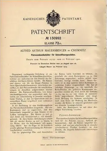 Original Patentschrift - A. Mauersberger in Chemnitz , 1900 , Behälter für Schnellfeuergeschütze !!!