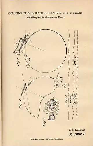 Original Patentschrift - Columbia Phonograph Comp. in Berlin , 1899 , Aufzeichnung von Tönen , Aufnahme !!!