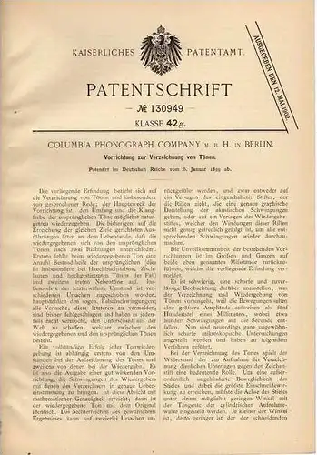 Original Patentschrift - Columbia Phonograph Comp. in Berlin , 1899 , Aufzeichnung von Tönen , Aufnahme !!!