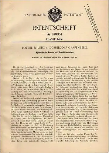 Original Patentschrift - Haniel & Lueg in Düsseldorf - Grafenberg , 1898 , Hydraulische Presse !!!