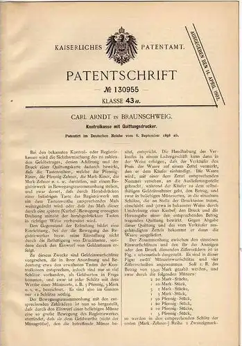 Original Patentschrift - C. Arndt in Braunschweig , 1898 , Kontrollkasse mit Quittungsdrucker , Kasse , Registrierkasse