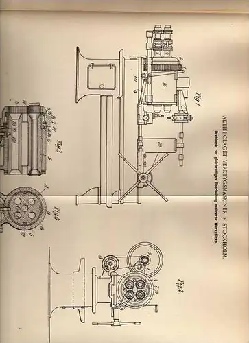 Original Patentschrift - Drehbank für mehrere Werkstücke , 1900 , Verktysmaskiner in Stockholm !!!