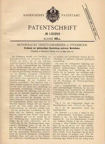 Original Patentschrift - Drehbank für mehrere Werkstücke , 1900 , Verktysmaskiner in Stockholm !!!