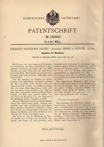 Original Patentschrift - Gebr. Prinz in Kurzel , Lothringen , 1901 , Form für Käse , Fromage , Courcelles !!!