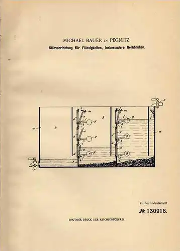 Original Patentschrift - M. Bauer in Pegnitz , 1901 , Kläranlage für Gerbbrühe , Brühe !!!