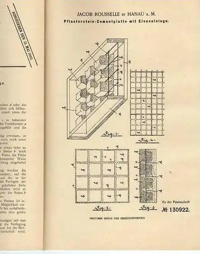 Original Patentschrift - J. Rousselle in Hanau a.M., 1901 , Pflasterstein mit Eiseneinlage , Pflaster , Straßenbau !!!