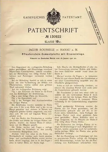 Original Patentschrift - J. Rousselle in Hanau a.M., 1901 , Pflasterstein mit Eiseneinlage , Pflaster , Straßenbau !!!