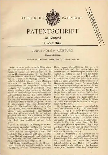 Original Patentschrift - J. Horn in Augsburg , 1901 , Gaskocher , Kocher , Kochen , Herd  !!!