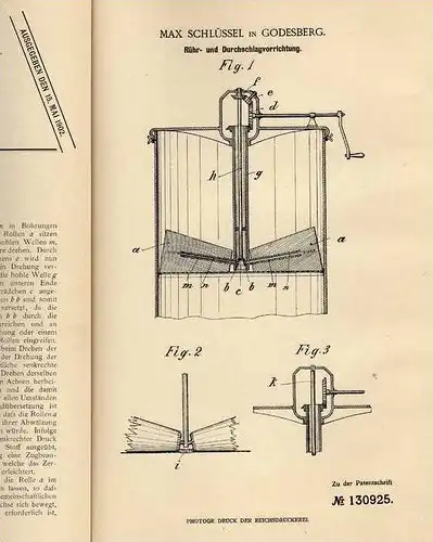 Original Patentschrift - M. Schlüssel in Godesberg , 1901 , Rühr- und Durchschlagapparat für Konservern , Dosenöffner !!