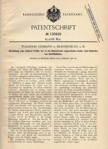 Original Patentschrift - W. Erdmann in Brandenburg a. Havel , 1901 , Aktenordner , Akten , Büro , Bureau !!!