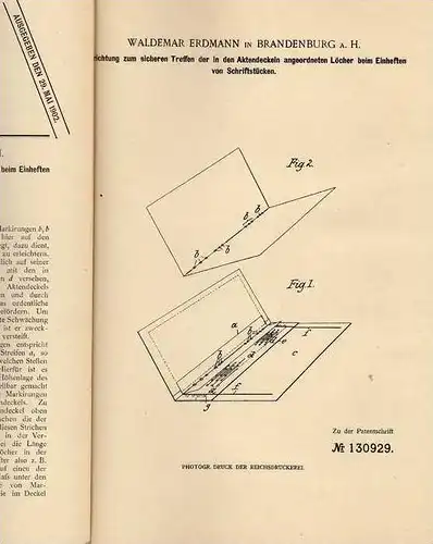 Original Patentschrift - W. Erdmann in Brandenburg a. Havel , 1901 , Aktenordner , Akten , Büro , Bureau !!!