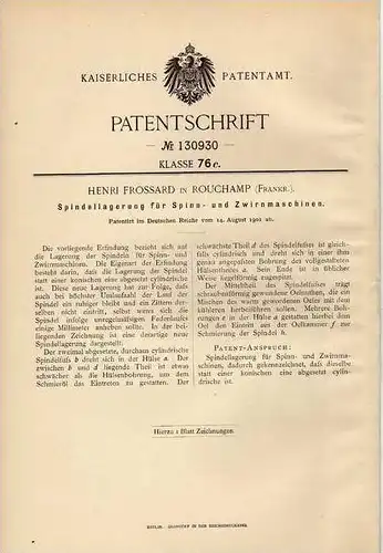 Original Patentschrift - H. Frossard in Rouchamp , 1901 , Spinn- und Zwirnmaschine , Spinnerei !!!