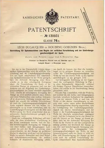 Original Patentschrift - L. Dugauquier in Houdeng Goegnies , 1901 , Spinnmaschine , Spinnerei !!!