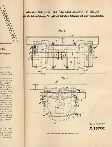 Original Patentschrift - AEG in Berlin , 1901 , Federnde Motoraufhängung für Fahrzeuge mit hoher Geschwindigkeit !!!