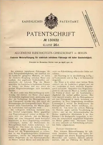Original Patentschrift - AEG in Berlin , 1901 , Federnde Motoraufhängung für Fahrzeuge mit hoher Geschwindigkeit !!!