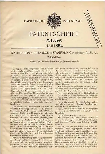 Original Patentschrift - W. Taylor in Stamford , 1900 , Türschließer , Tür !!!