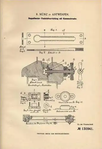 Original Patentschrift - R. Münz in Antwerpen , 1900 , Doppelfenster mit Feststeller , Fenster !!!