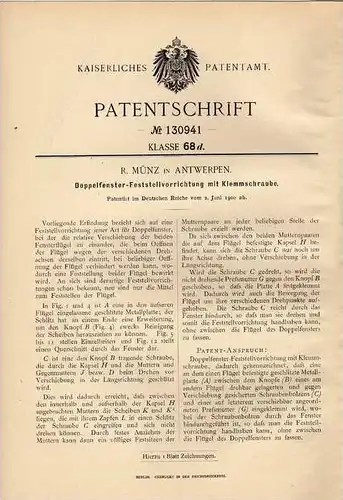 Original Patentschrift - R. Münz in Antwerpen , 1900 , Doppelfenster mit Feststeller , Fenster !!!