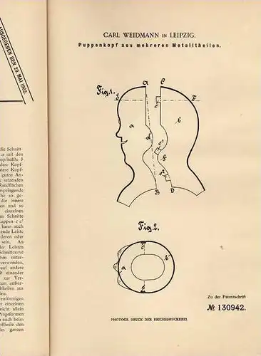 Original Patentschrift - Kopf für Puppe aus Metallteilen , 1900 , C. Weidmann in Leipzig !!!