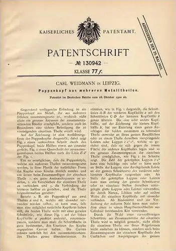 Original Patentschrift - Kopf für Puppe aus Metallteilen , 1900 , C. Weidmann in Leipzig !!!