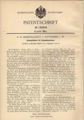 Original Patentschrift - H. Seissenschmidt in Plettenberg , 1900 , Schiene für Eisenbahn !!!