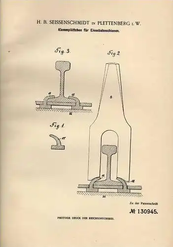 Original Patentschrift - H. Seissenschmidt in Plettenberg , 1900 , Schiene für Eisenbahn !!!