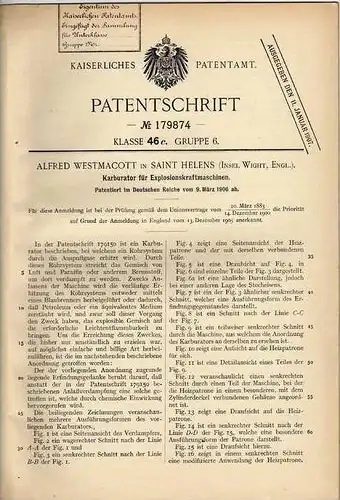 Original Patentschrift - A. Westmacott in Saint Helens , 1906 , Karburator für Motor , Vergaser !!!
