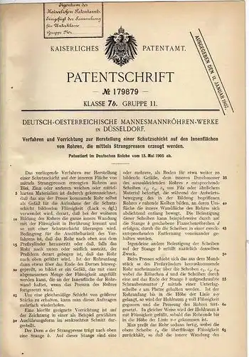 Original Patentschrift - Mannesmann Röhren - Werke in Düsseldorf , 1905 , Schutzschicht für Rohre !!!