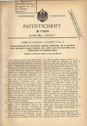 Original Patentschrift - J. Colman in Everett , 1905 , Wasserröhrenkessel !!!