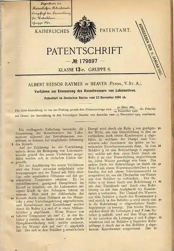 Original Patentschrift - A. Raymer in Beaver , 1904 , Kesselwasseraustausch für Lokomotive , Eisenbahn !!!