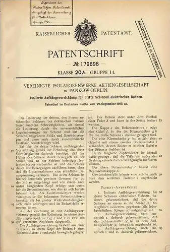 Original Patentschrift - Isolatorenwerke in Pankow - Berlin , 1905 , Isolierte Aufhängung für Strassenbahn , Isolator !!