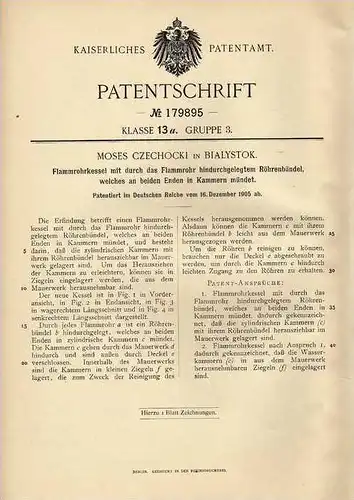 Original Patentschrift - M. Czechocki in Bialystok , 1905 , Flammrohrkessel !!!