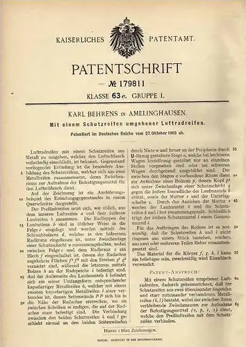 Original Patentschrift - K. Behrens in Amelinghausen , 1905 , Reifen mit Schutzreifen !!!