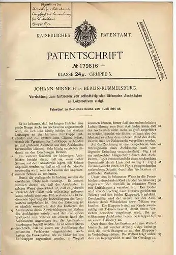 Original Patentschrift - J. Minnich in Berlin - Rummelsburg , 1904 , Aschekasten für Lokomotive , Lok , Eisenbahn !!!