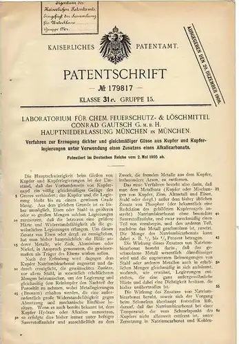 Original Patentschrift - Laboratorium für Feuerschutz in München , 1905 , Erzeugung dichter Güsse aus Kupfer , Feuer !!!