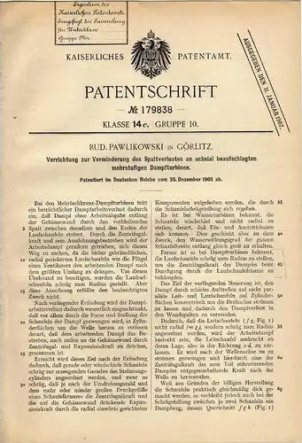 Original Patentschrift - R. Pawlikowski in Görlitz , 1903 , Dampfturbine !!!