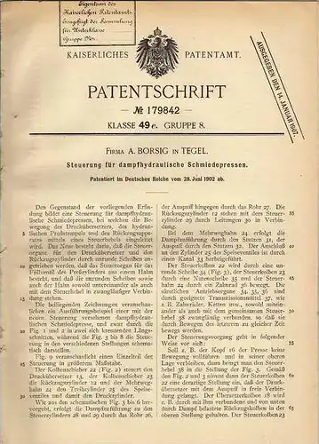 Original Patentschrift - Fa. Borsig in Tegel , 1902 , dampfhydraulische Schmiedepresse , Steuerung , Presse !!!
