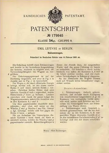 Original Patentschrift - Reklamewagen , 1905 , W. Lefévre in Berlin , Werbung , Reklame , LKW , Kutsche !!!