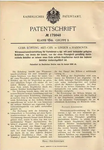 Original Patentschrift - Gebr. Körting in Linden b. Hannover , 1906 , Wärmetauscher !!!