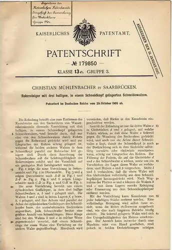 Original Patentschrift - C. Mühlenbacher in Saarbrücken , 1905 , Rohrreiniger mit Schneidwalzen !!!